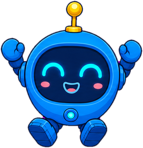 Motti, o robô azul de antena dourada, comemorando de braços pra cima