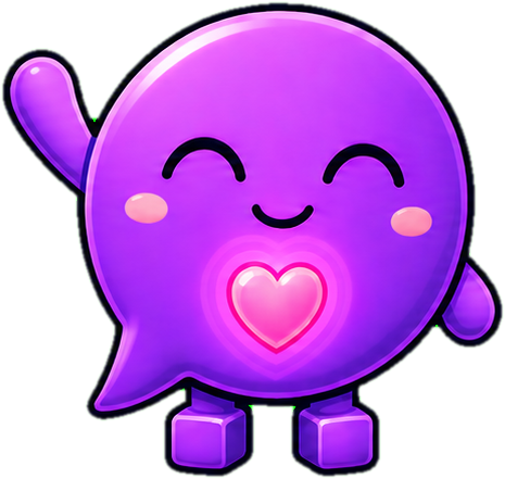 Sofy, a mascote violeta do Socialfy — bolha de conversa com coração no peito, acenando