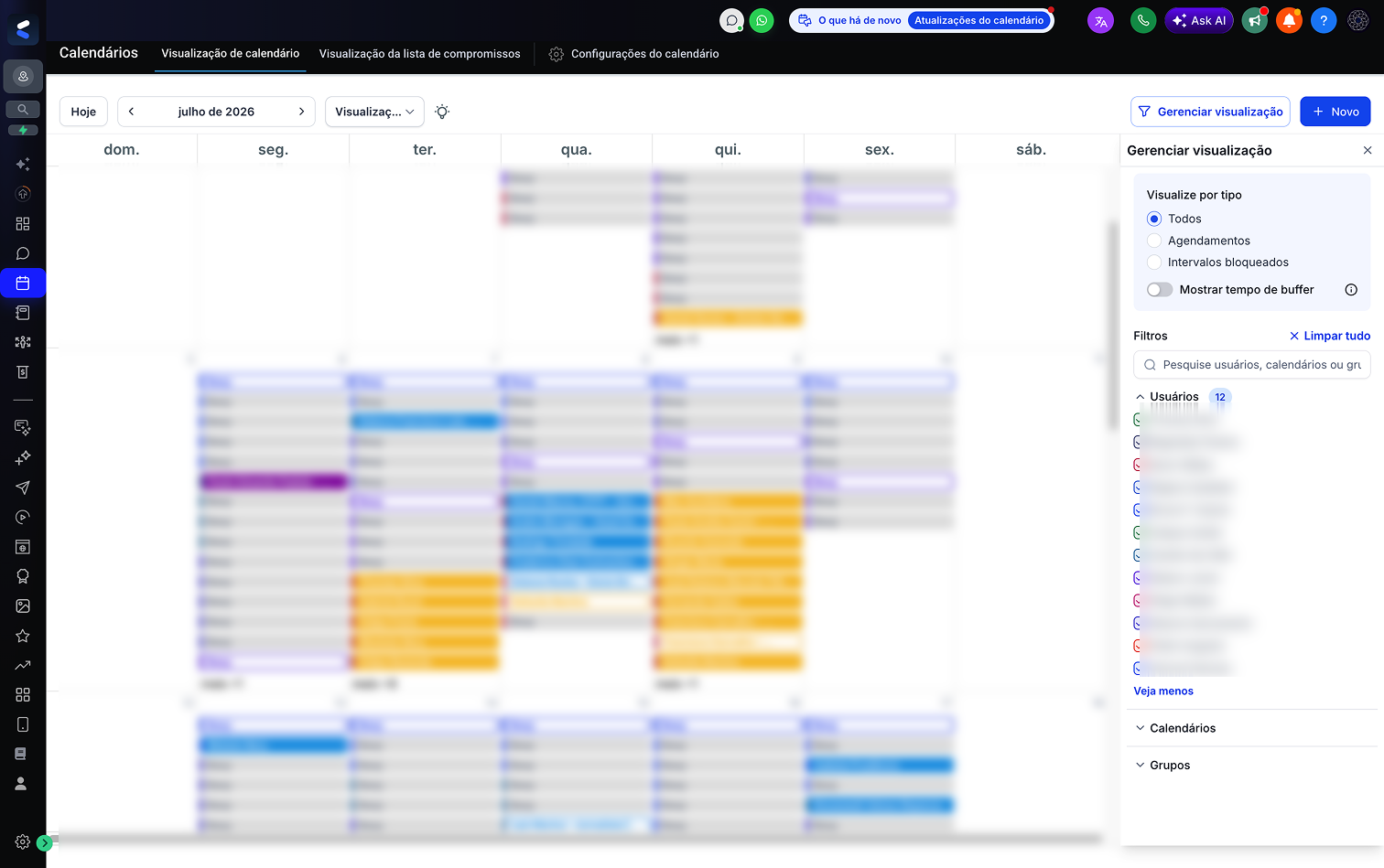 Agenda da equipe no Socialfy CRM com a semana cheia de compromissos distribuídos — nomes desfocados
