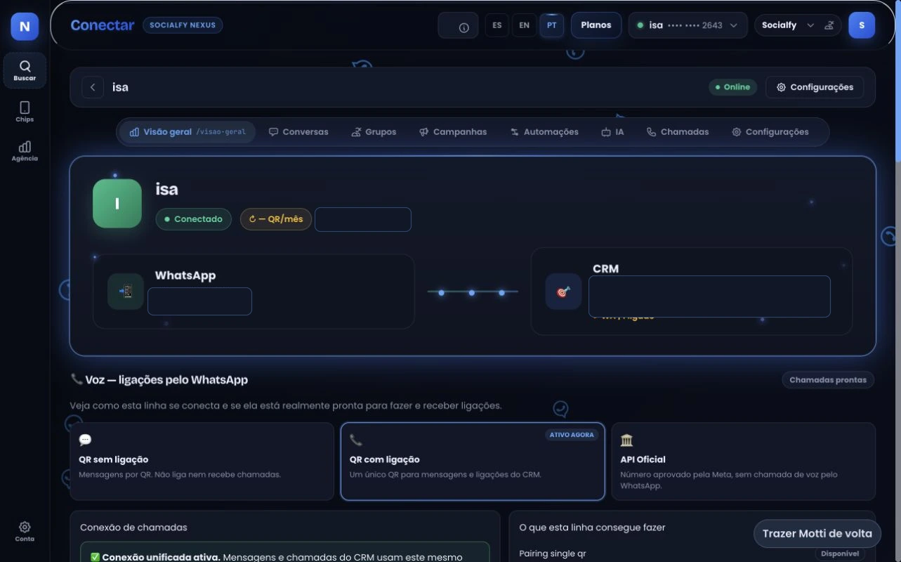Real Nexus screen showing an active connection between WhatsApp and the CRM